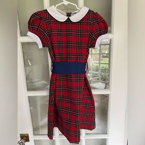 Smockingbird girls red plaid dress blue sash size 7 like new!